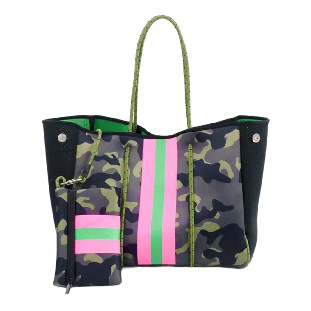 Neoprene Camo Tote with Pink and Green Stripes